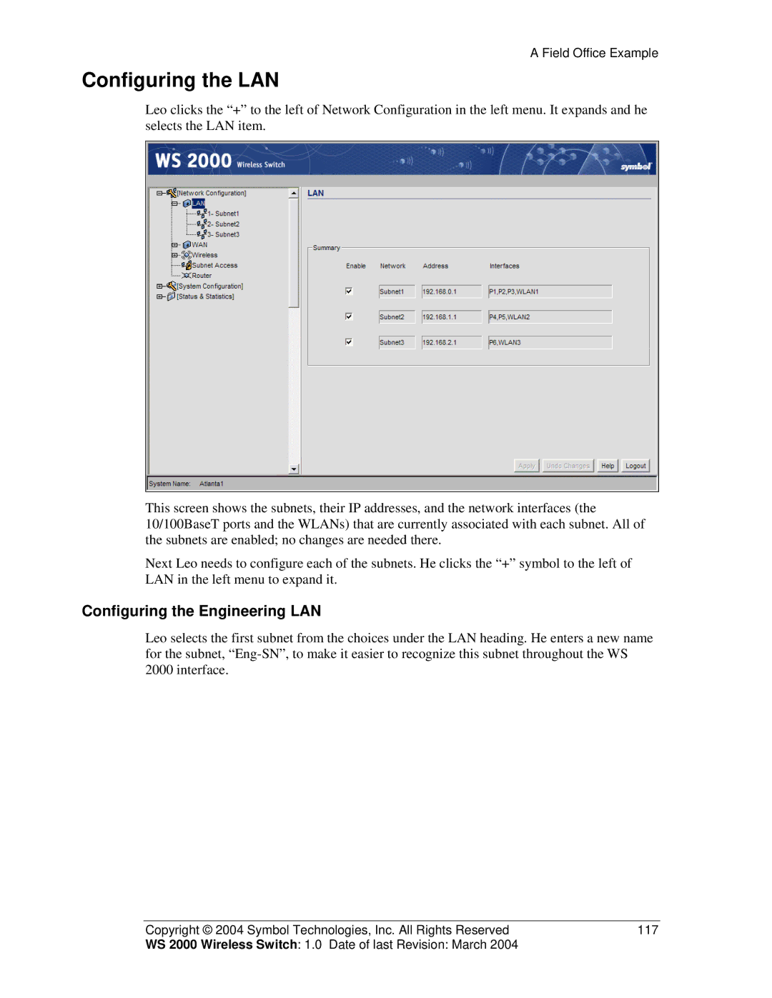 Symbol Technologies WS 2000 manual Configuring the LAN, Configuring the Engineering LAN 