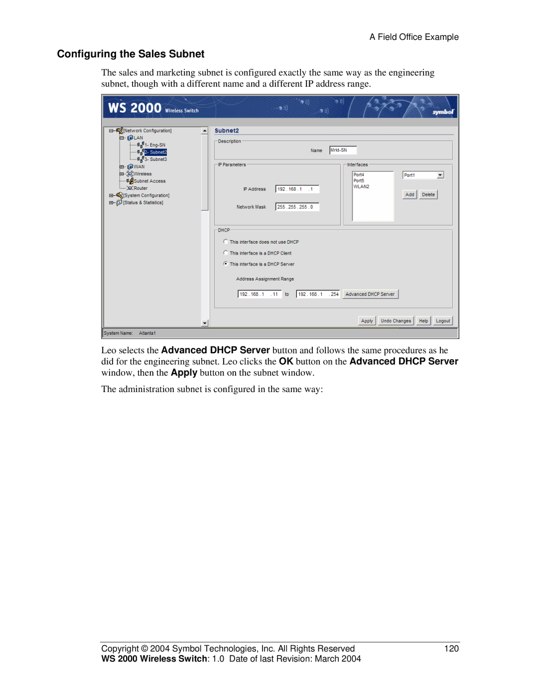 Symbol Technologies WS 2000 manual Configuring the Sales Subnet 