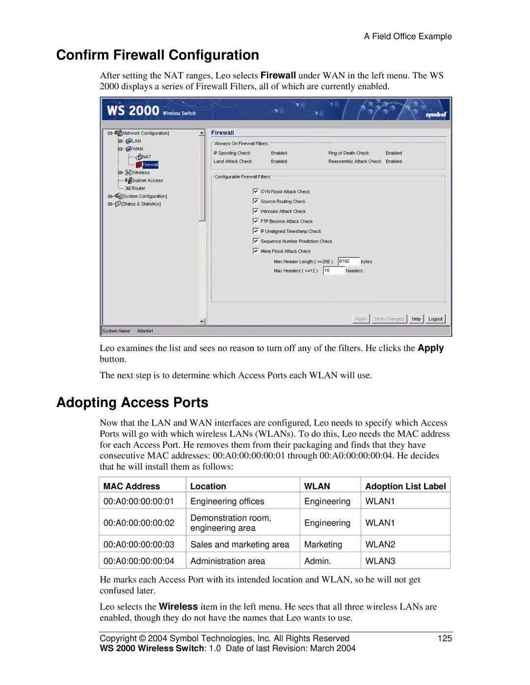 Symbol Technologies WS 2000 manual Confirm Firewall Configuration, Adopting Access Ports, MAC Address Location 