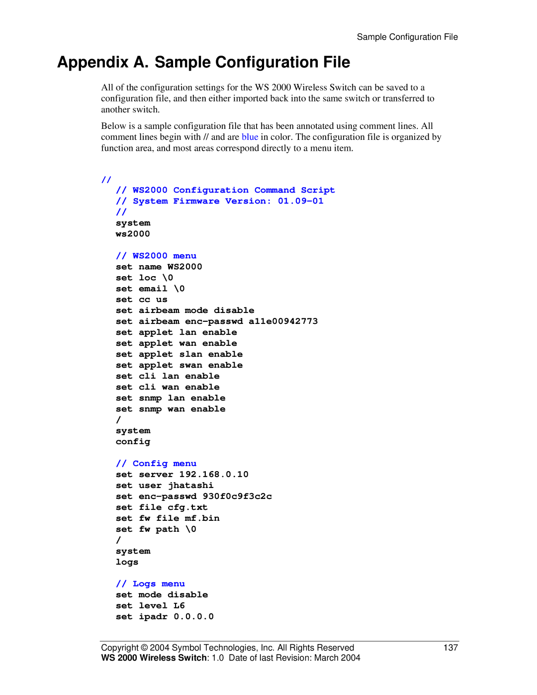 Symbol Technologies WS 2000 manual Appendix A. Sample Configuration File 