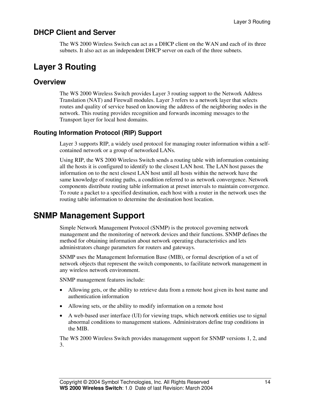 Symbol Technologies WS 2000 manual Layer 3 Routing, Snmp Management Support, Dhcp Client and Server, Overview 