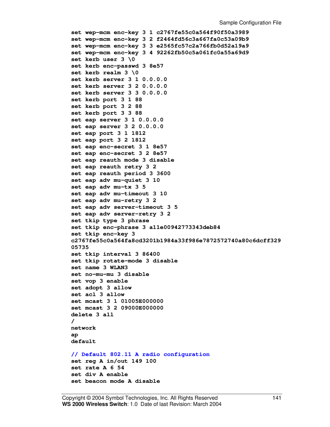 Symbol Technologies WS 2000 manual Default 802.11 a radio configuration set reg a in/out 149 