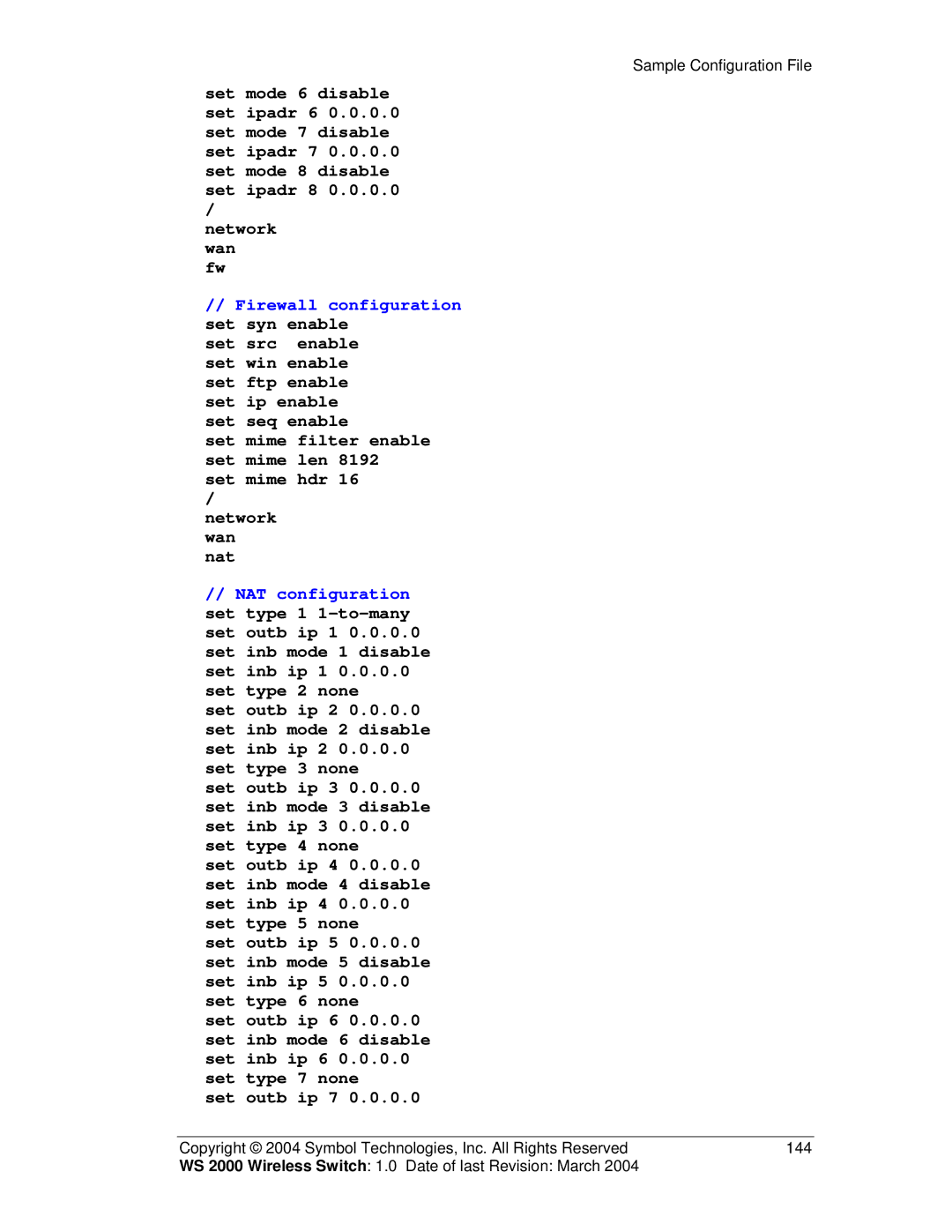 Symbol Technologies WS 2000 manual Firewall configuration set syn enable 