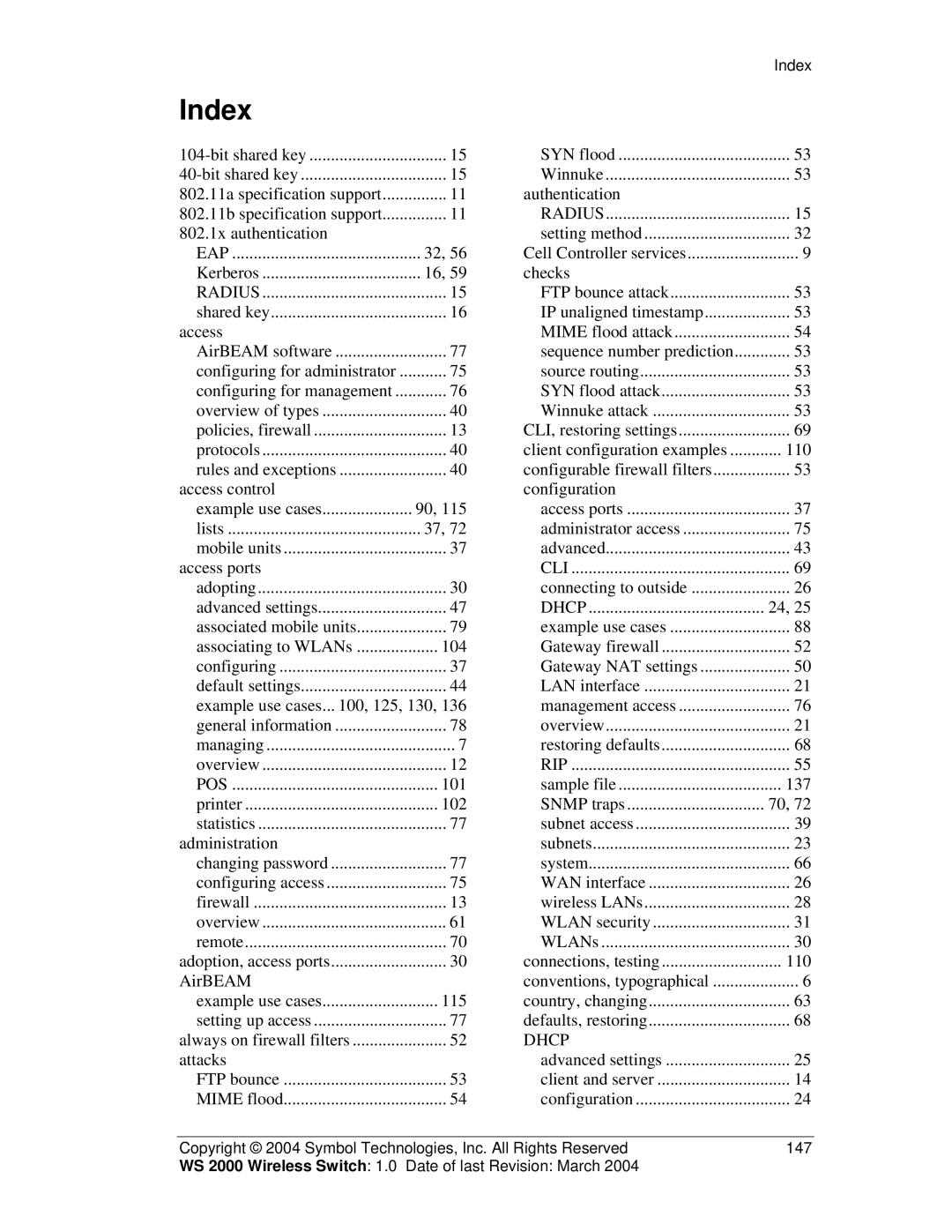 Symbol Technologies WS 2000 manual Index 