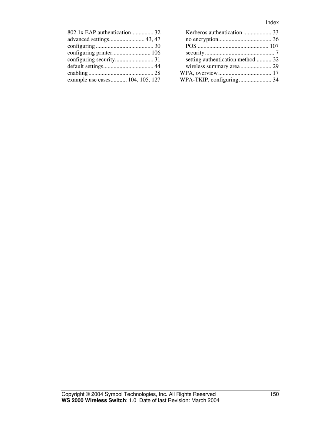 Symbol Technologies WS 2000 manual 802.1x EAP authentication 