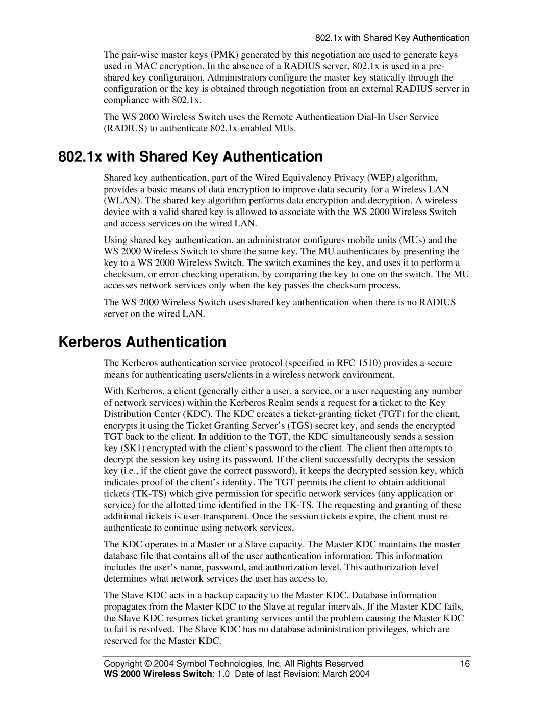 Symbol Technologies WS 2000 manual 802.1x with Shared Key Authentication, Kerberos Authentication 