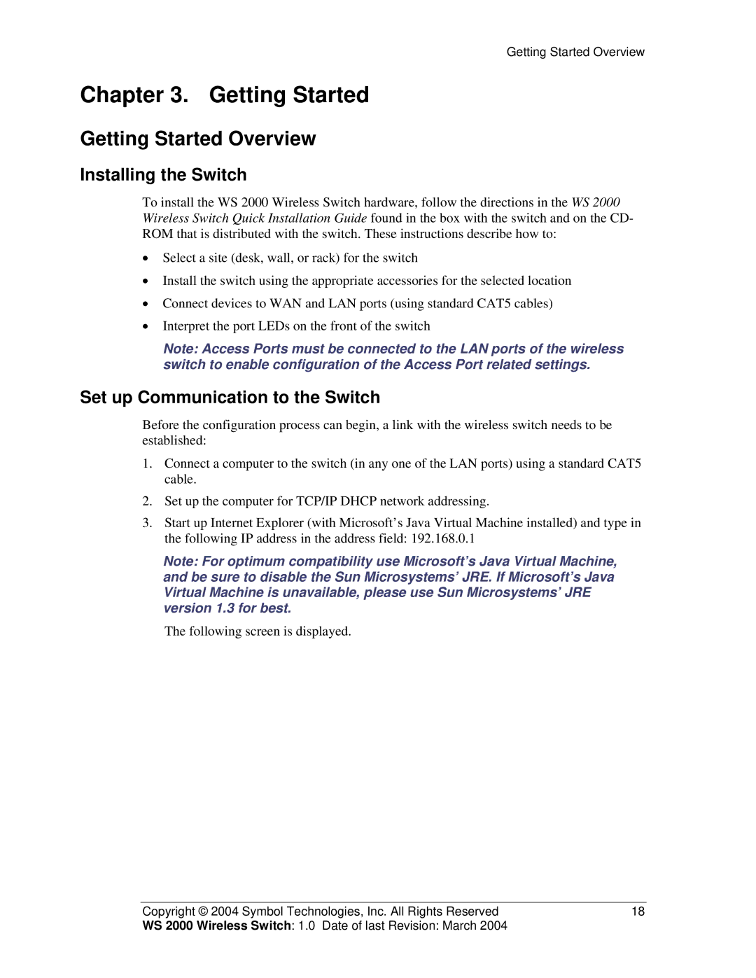 Symbol Technologies WS 2000 manual Getting Started Overview, Installing the Switch, Set up Communication to the Switch 