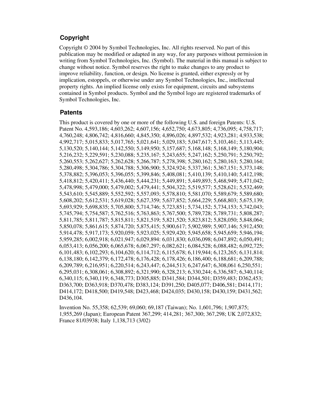 Symbol Technologies WS 2000 manual Copyright, Patents 