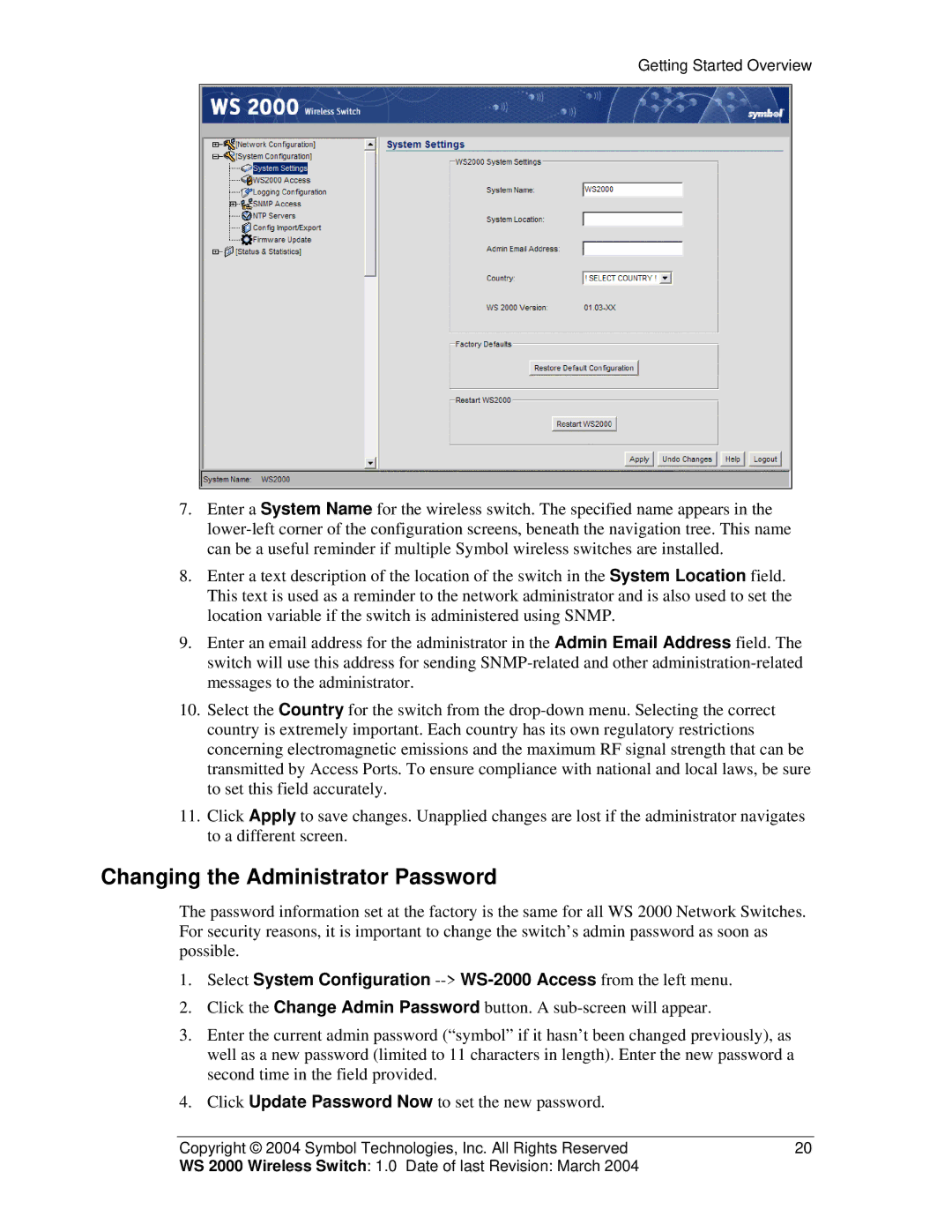 Symbol Technologies WS 2000 manual Changing the Administrator Password 