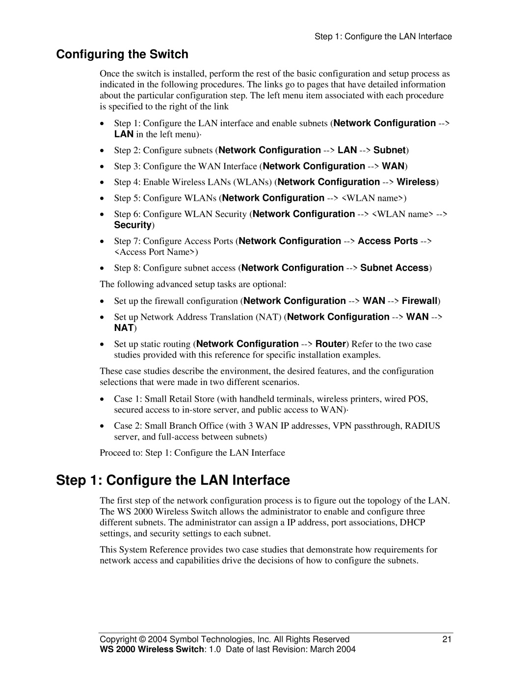 Symbol Technologies WS 2000 manual Configure the LAN Interface, Configuring the Switch 