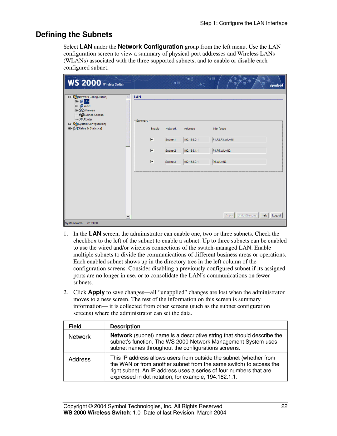 Symbol Technologies WS 2000 manual Defining the Subnets, Field Description 