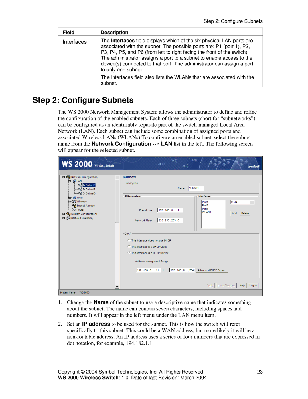 Symbol Technologies WS 2000 manual Configure Subnets, Interfaces 