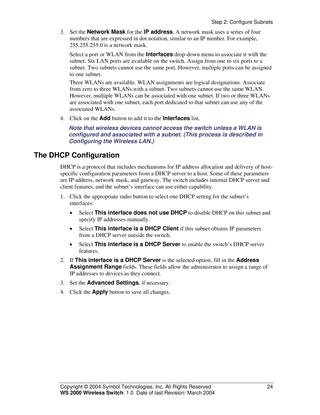 Symbol Technologies WS 2000 manual Dhcp Configuration 