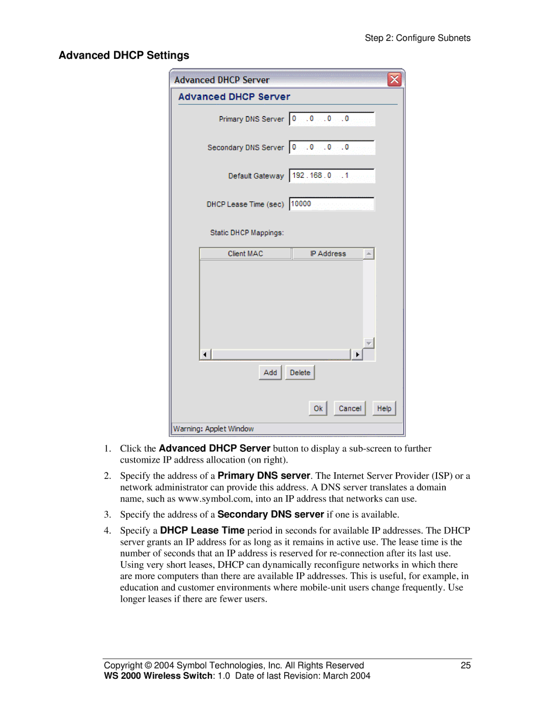 Symbol Technologies WS 2000 manual Advanced Dhcp Settings 