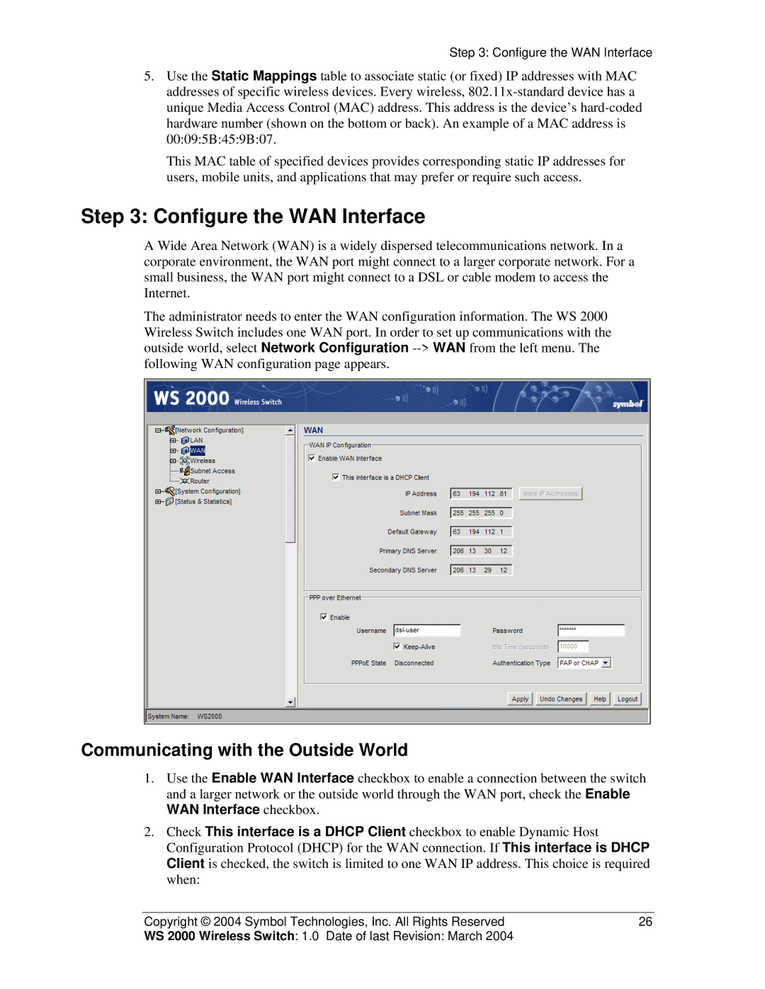 Symbol Technologies WS 2000 manual Configure the WAN Interface, Communicating with the Outside World 