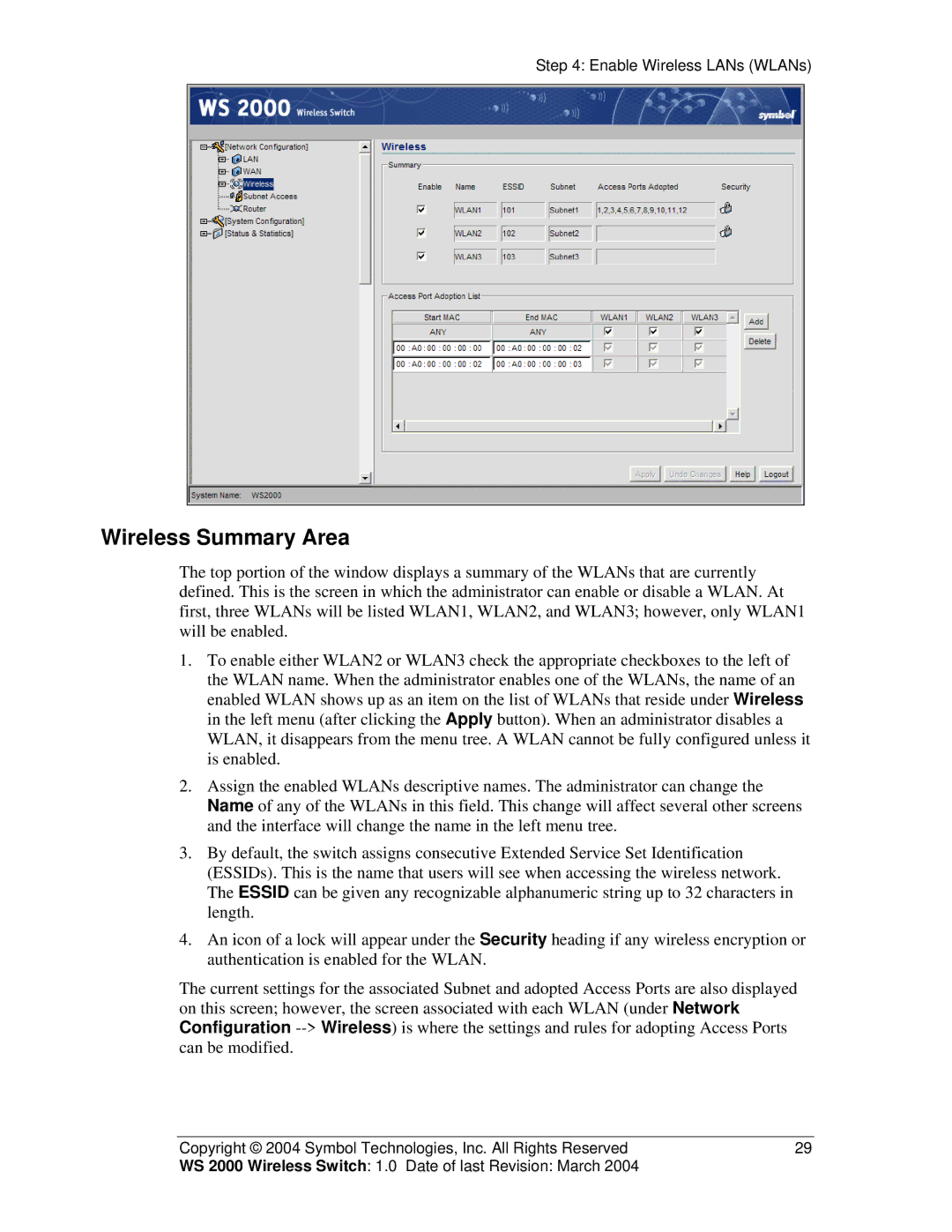 Symbol Technologies WS 2000 manual Wireless Summary Area 