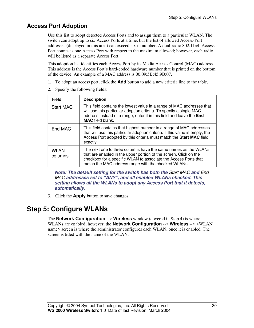 Symbol Technologies WS 2000 manual Configure WLANs, Access Port Adoption 