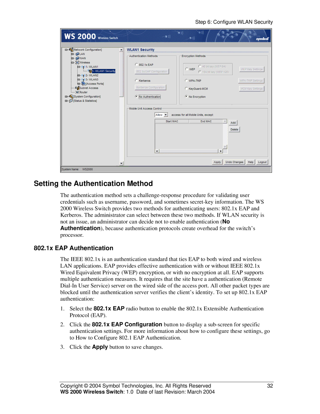 Symbol Technologies WS 2000 manual Setting the Authentication Method, 802.1x EAP Authentication 