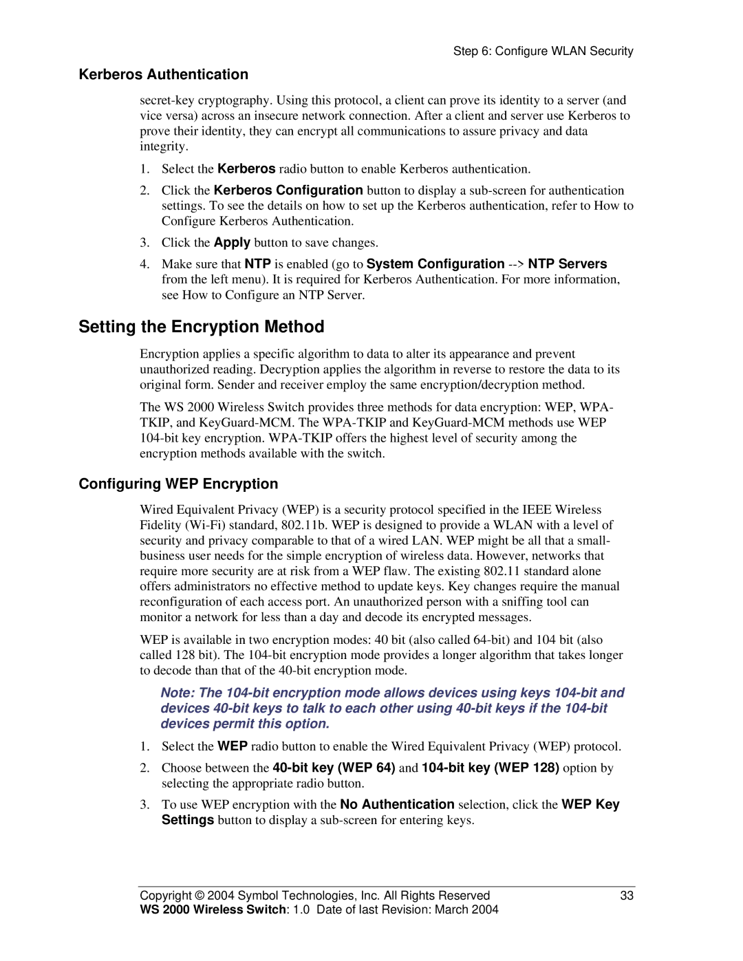 Symbol Technologies WS 2000 manual Setting the Encryption Method, Kerberos Authentication, Configuring WEP Encryption 