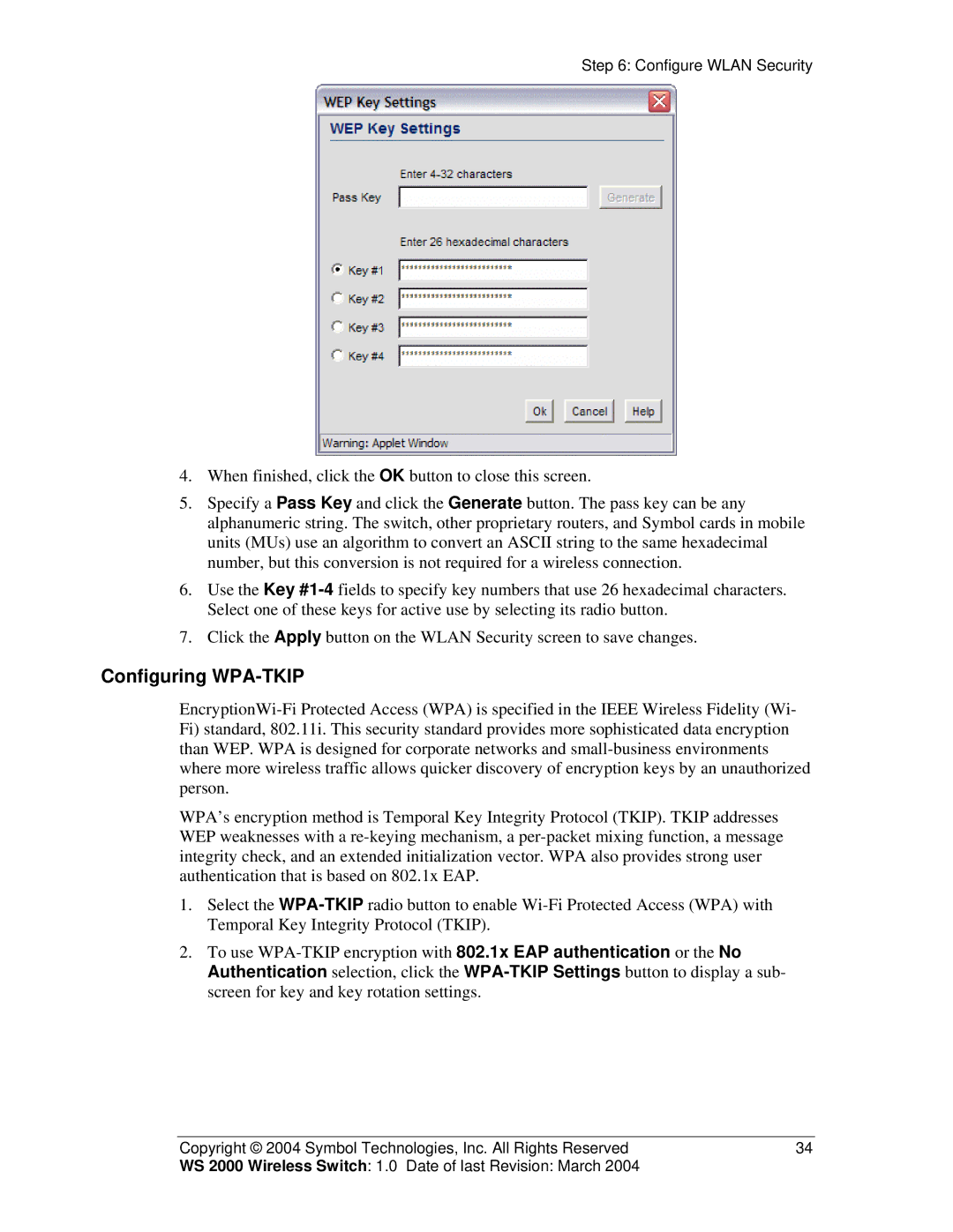 Symbol Technologies WS 2000 manual Configuring WPA-TKIP 