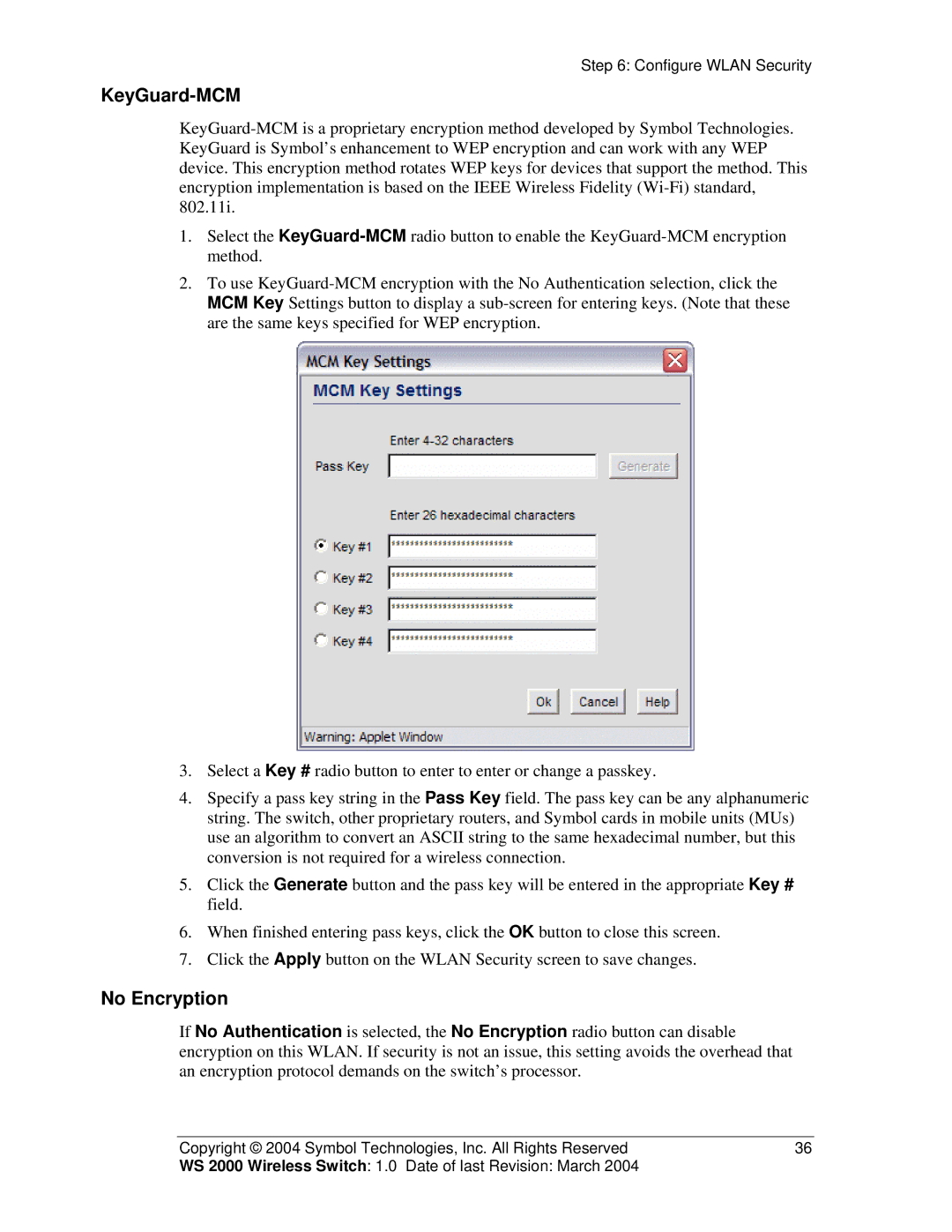 Symbol Technologies WS 2000 manual KeyGuard-MCM, No Encryption 