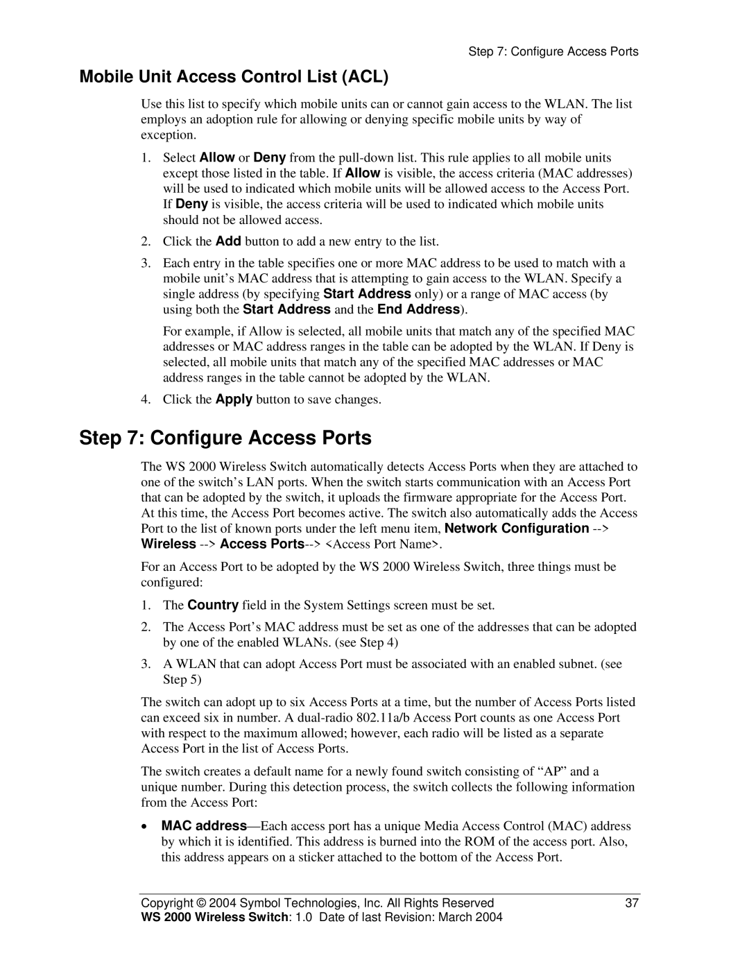 Symbol Technologies WS 2000 manual Configure Access Ports, Mobile Unit Access Control List ACL 