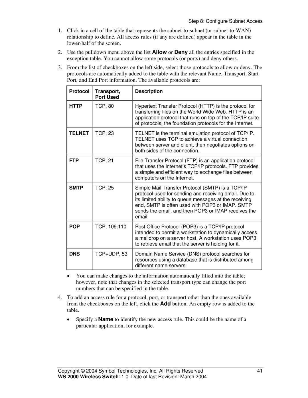 Symbol Technologies WS 2000 manual Protocol Transport Description Port Used, Http 