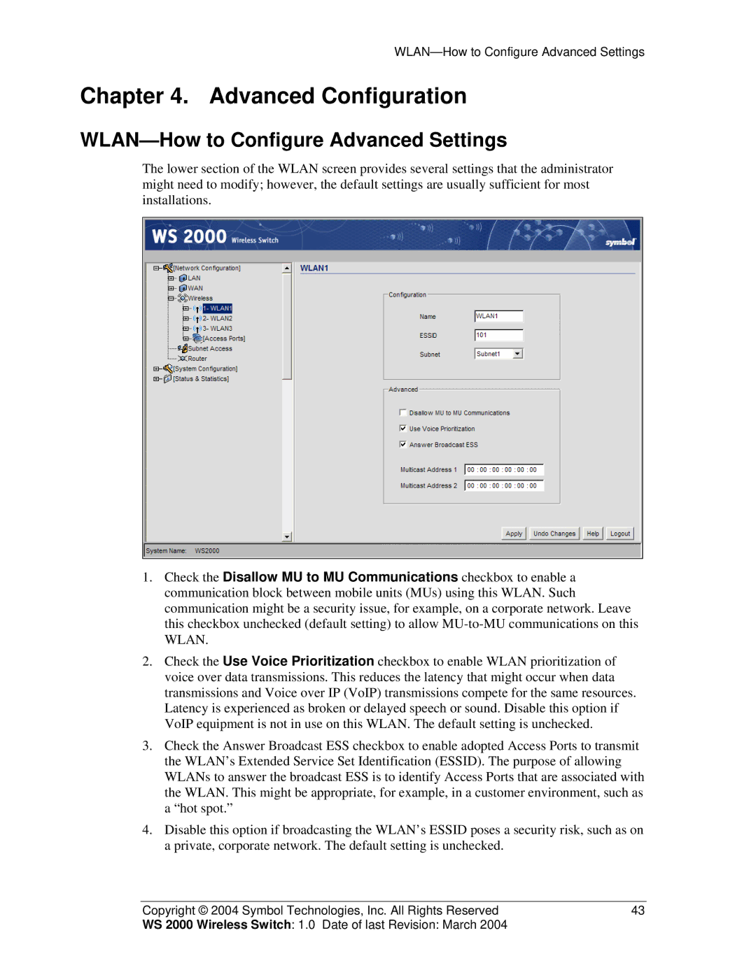 Symbol Technologies WS 2000 manual Advanced Configuration, WLAN-How to Configure Advanced Settings 