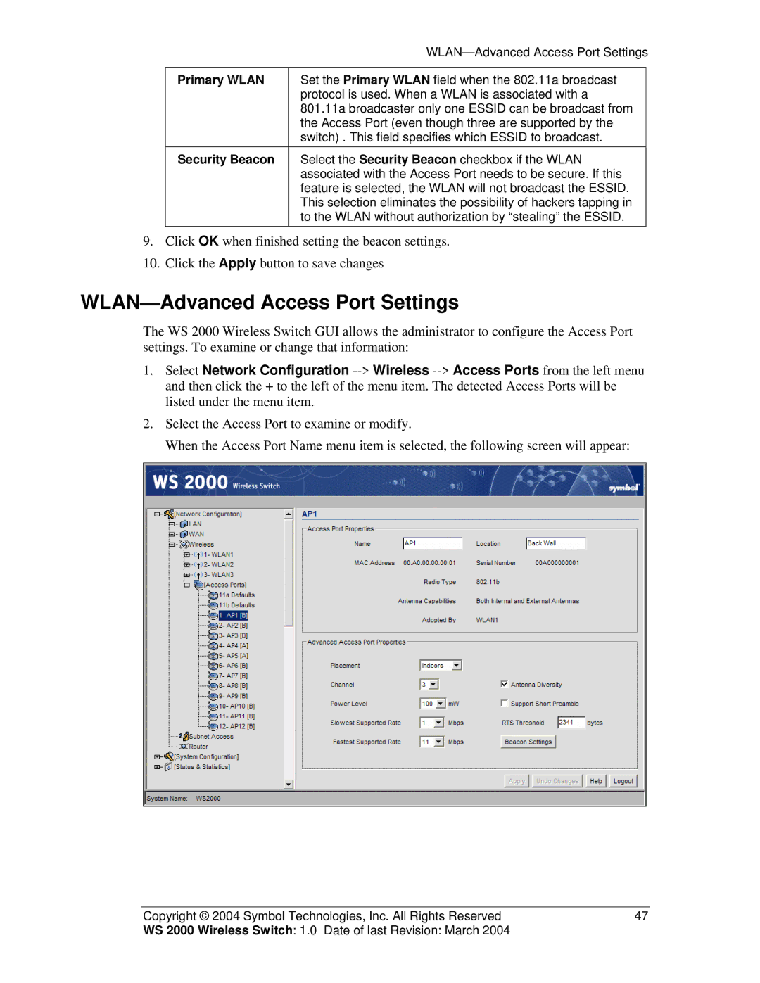 Symbol Technologies WS 2000 manual WLAN-Advanced Access Port Settings, Primary Wlan, Security Beacon 