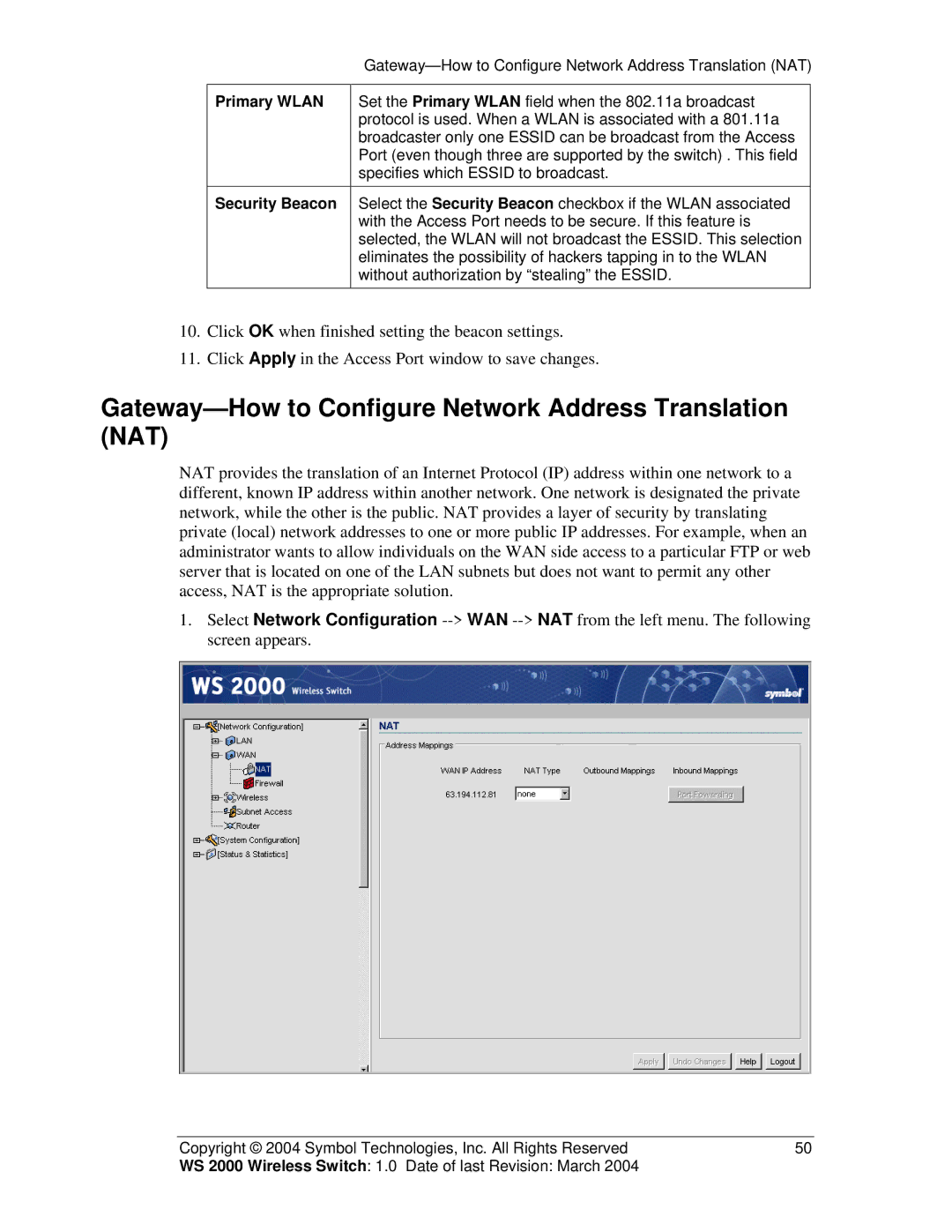 Symbol Technologies WS 2000 manual Gateway-How to Configure Network Address Translation NAT, Primary Wlan 