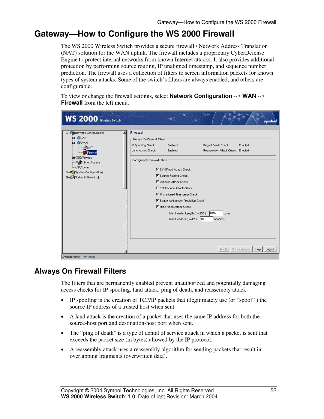 Symbol Technologies manual Gateway-How to Configure the WS 2000 Firewall, Always On Firewall Filters 