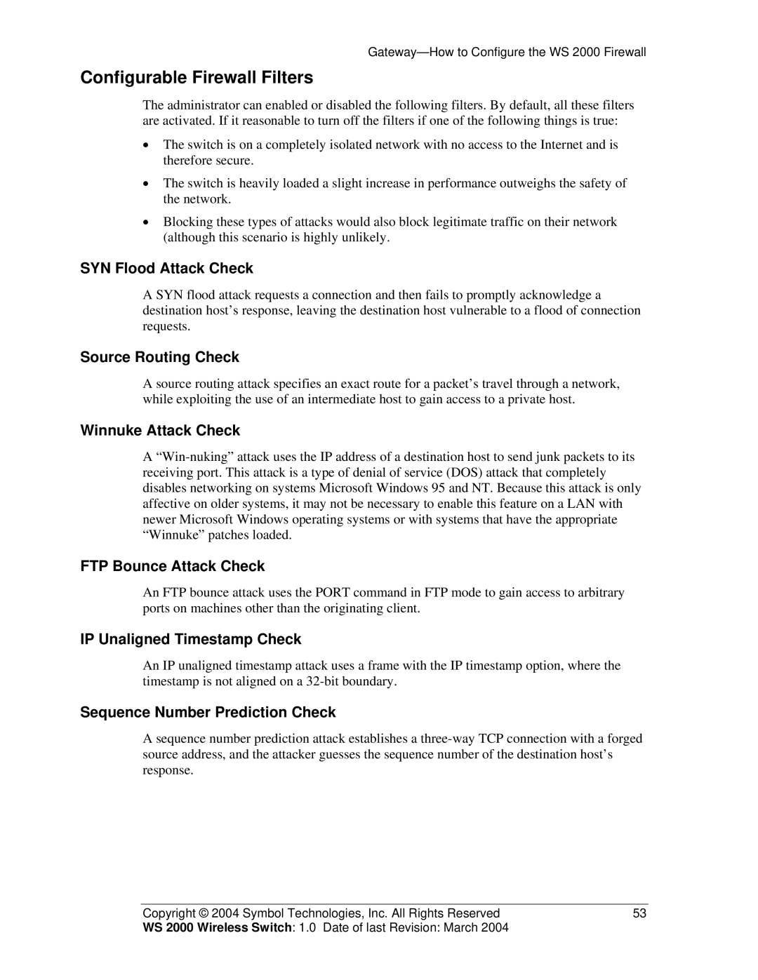 Symbol Technologies WS 2000 manual Configurable Firewall Filters 