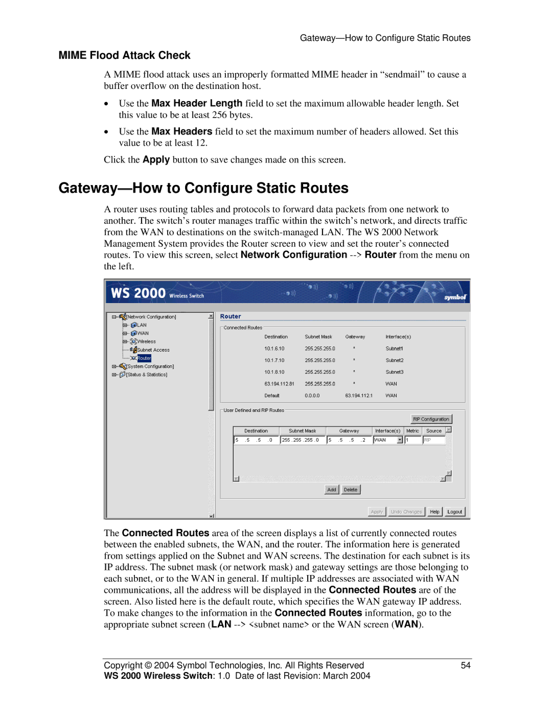 Symbol Technologies WS 2000 manual Gateway-How to Configure Static Routes, Mime Flood Attack Check 