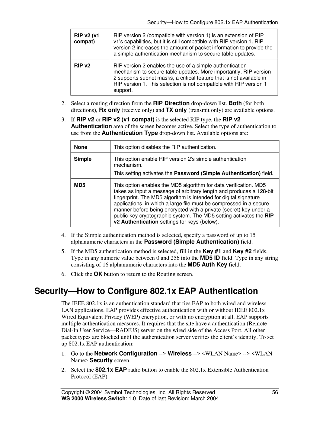 Symbol Technologies WS 2000 manual Security-How to Configure 802.1x EAP Authentication, RIP v2, Compat, None, Simple 