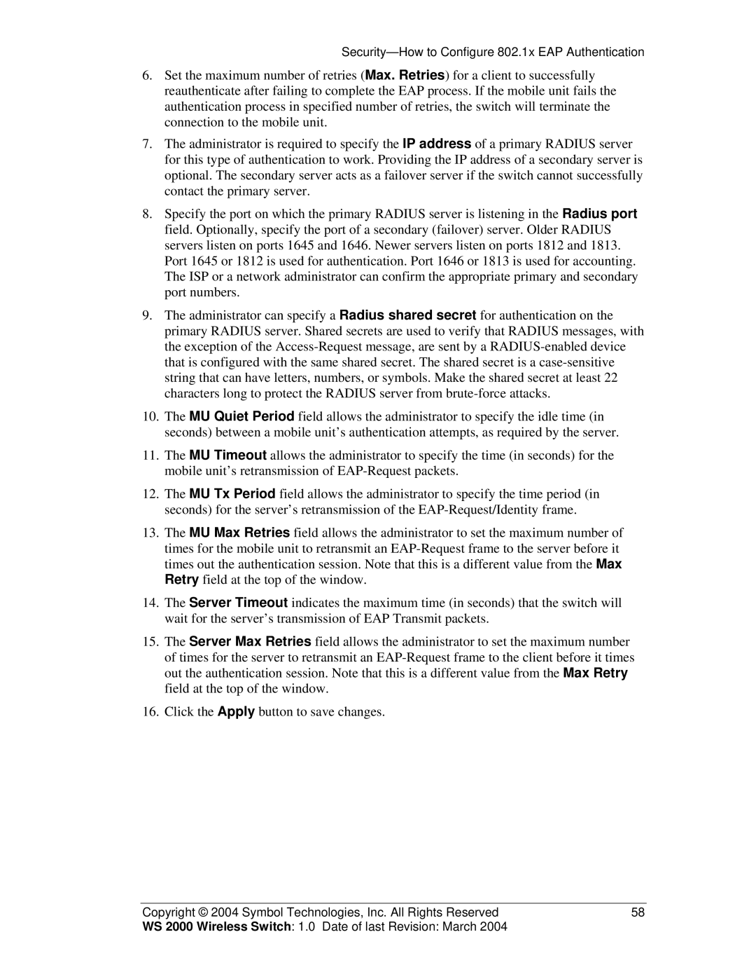 Symbol Technologies WS 2000 manual Security-How to Configure 802.1x EAP Authentication 