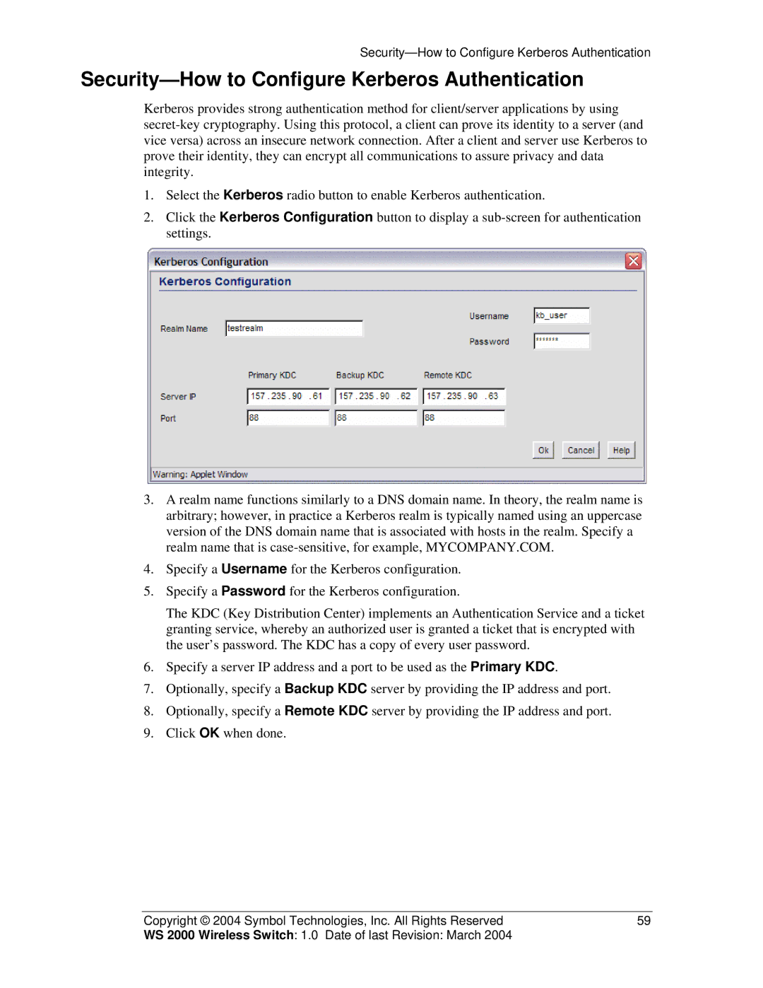 Symbol Technologies WS 2000 manual Security-How to Configure Kerberos Authentication 