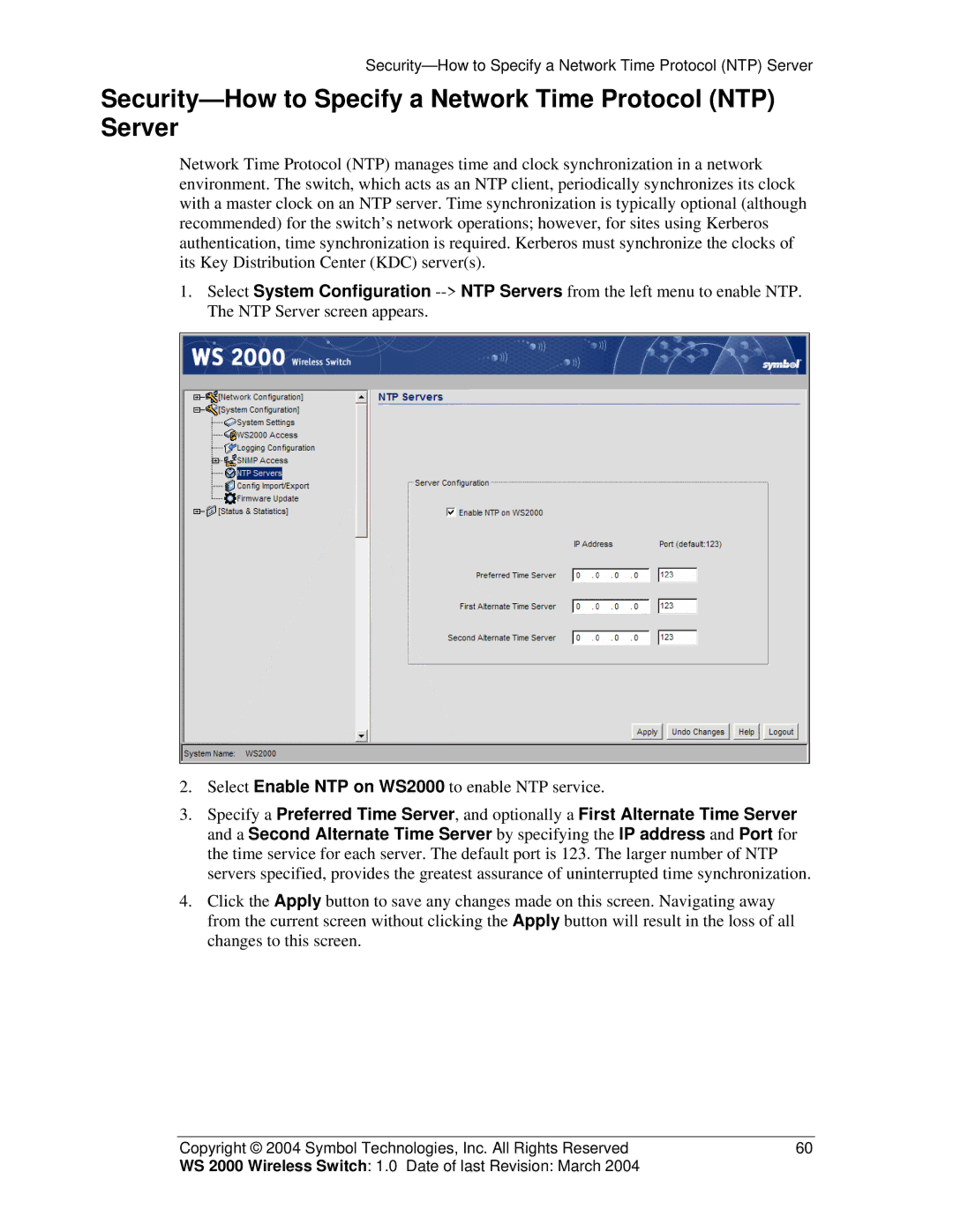 Symbol Technologies WS 2000 manual Security-How to Specify a Network Time Protocol NTP Server 