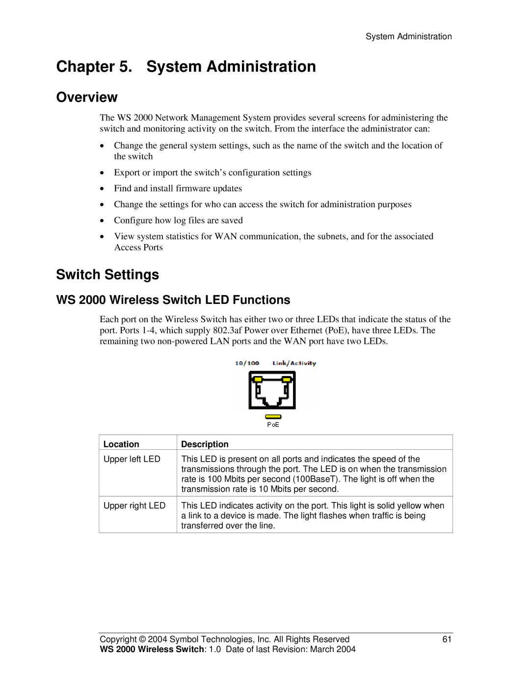 Symbol Technologies manual Overview, Switch Settings, WS 2000 Wireless Switch LED Functions, Location Description 