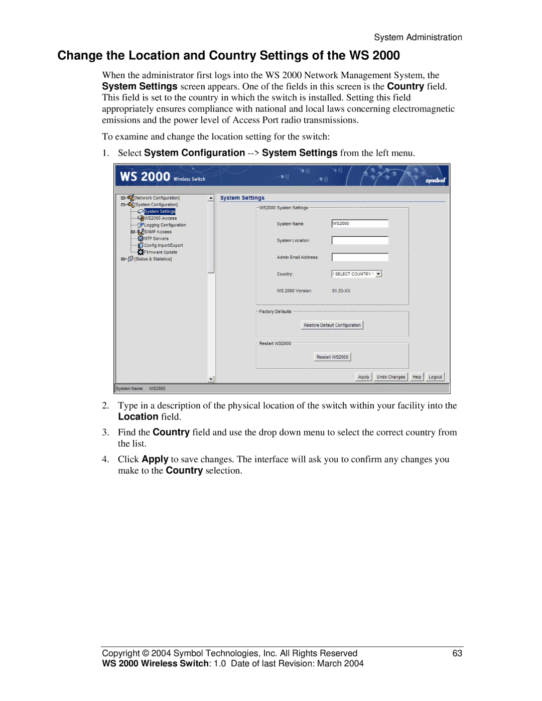 Symbol Technologies WS 2000 manual Change the Location and Country Settings of the WS, Location field 