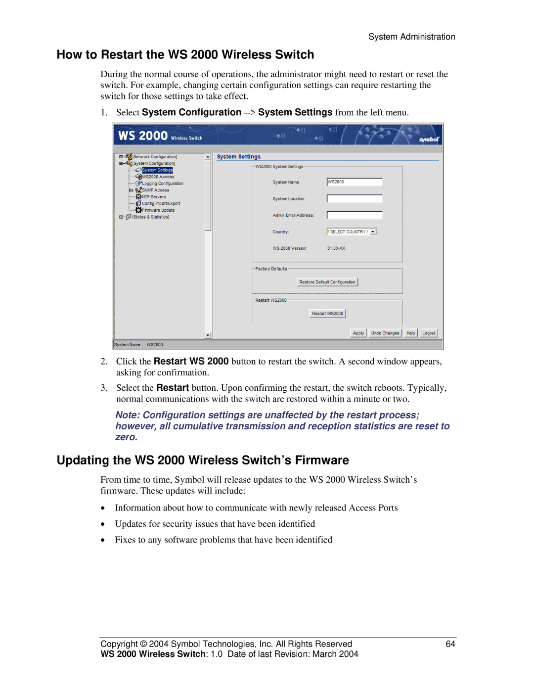 Symbol Technologies manual How to Restart the WS 2000 Wireless Switch, Updating the WS 2000 Wireless Switch’s Firmware 