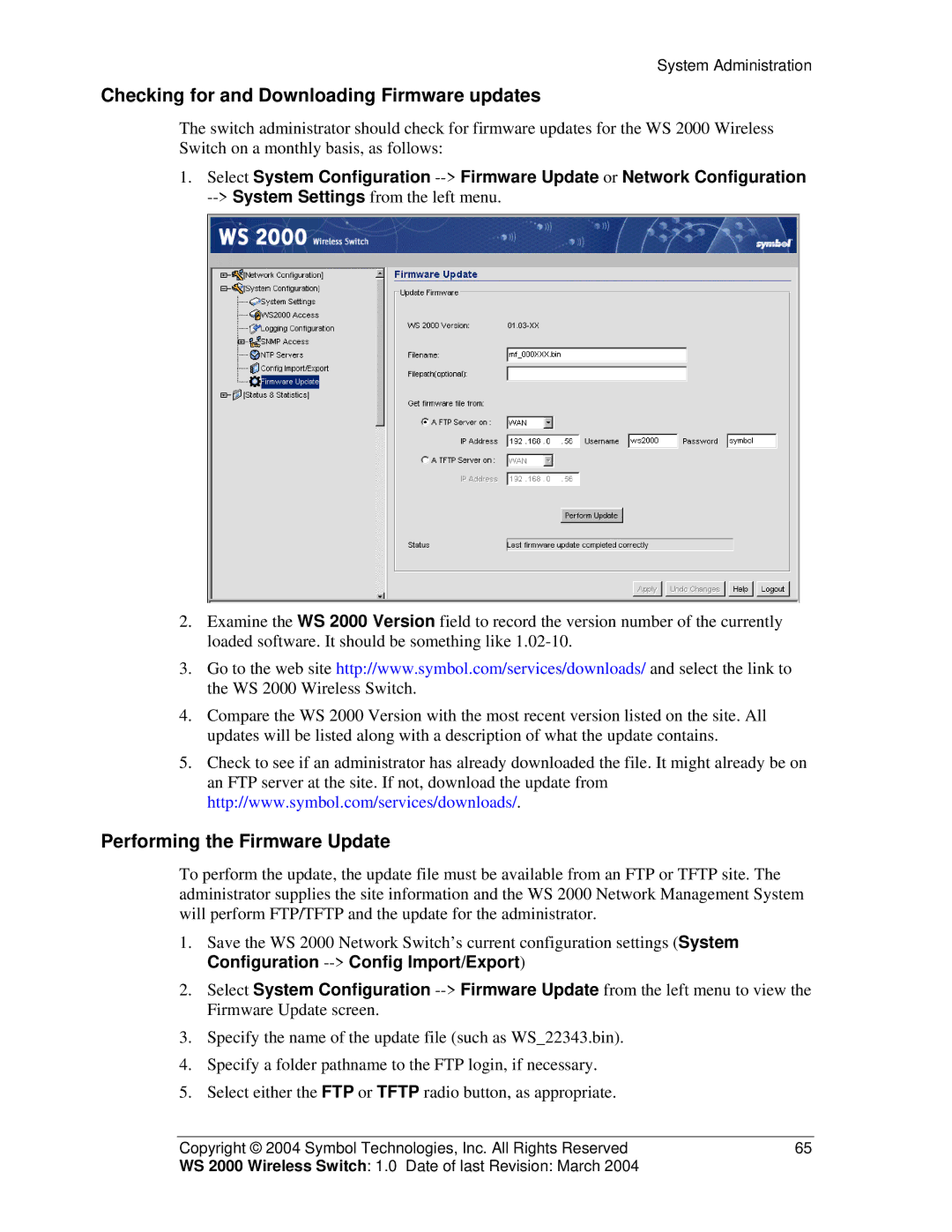 Symbol Technologies WS 2000 manual Checking for and Downloading Firmware updates, Performing the Firmware Update 