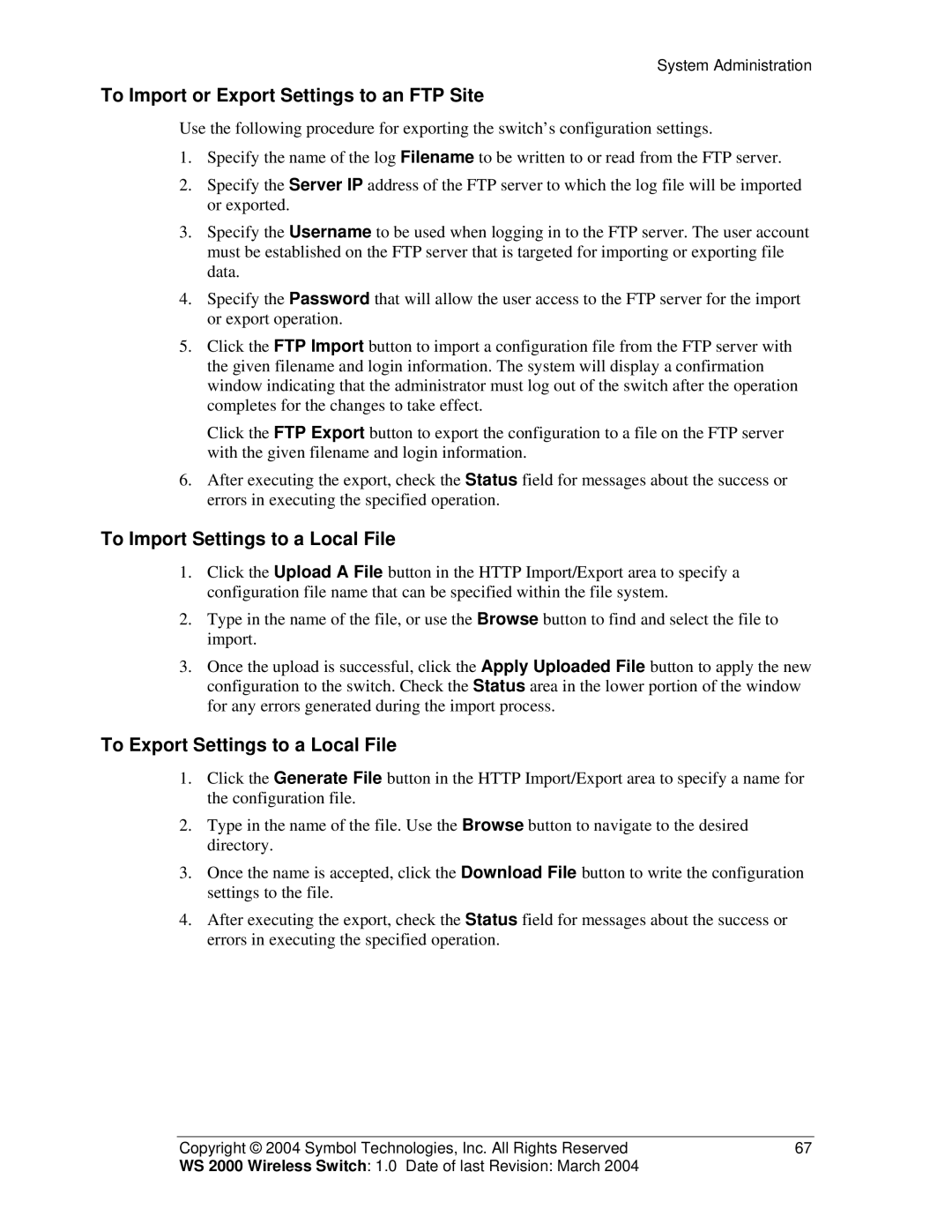 Symbol Technologies WS 2000 manual To Import or Export Settings to an FTP Site, To Import Settings to a Local File 