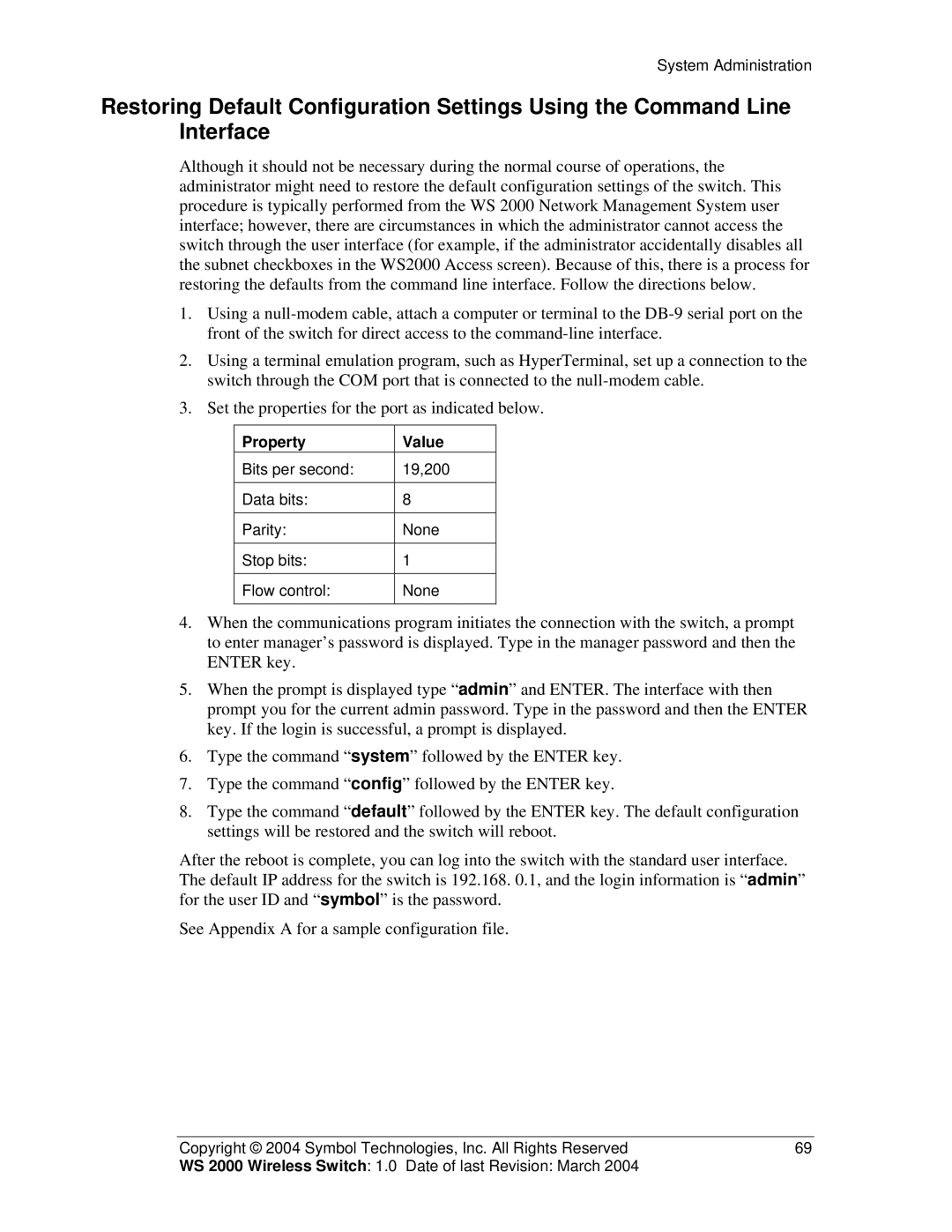 Symbol Technologies WS 2000 manual Property Value 