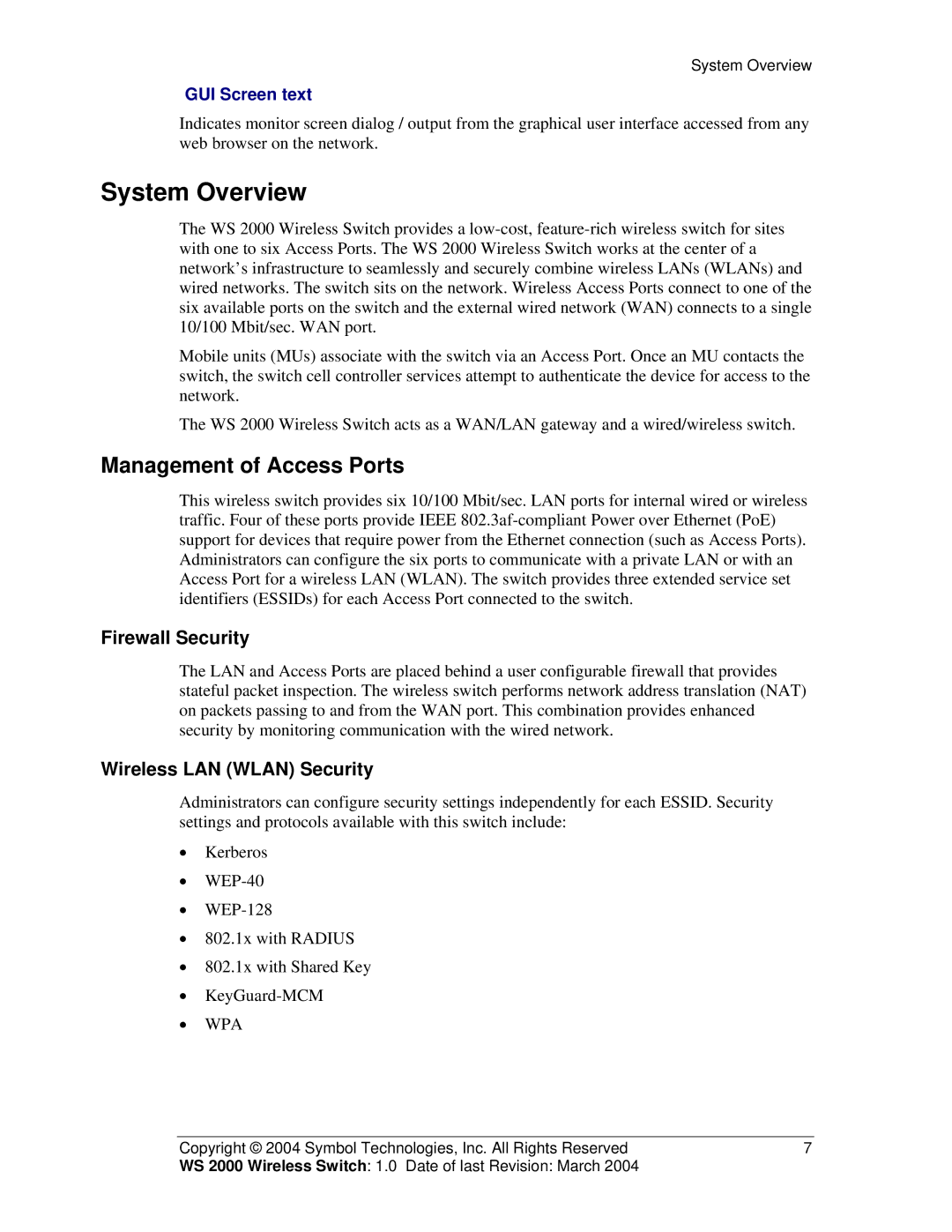 Symbol Technologies WS 2000 System Overview, Management of Access Ports, Firewall Security, Wireless LAN Wlan Security 