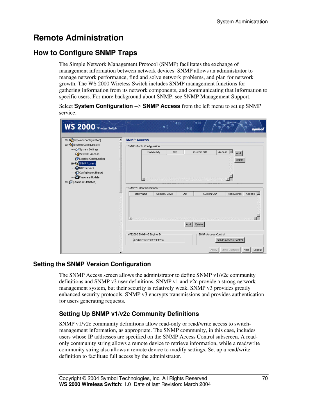 Symbol Technologies WS 2000 Remote Administration, How to Configure Snmp Traps, Setting the Snmp Version Configuration 