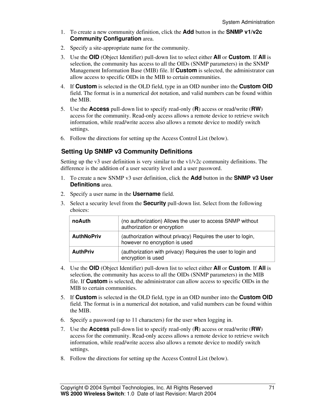 Symbol Technologies WS 2000 manual Setting Up Snmp v3 Community Definitions, NoAuth, AuthNoPriv, AuthPriv 