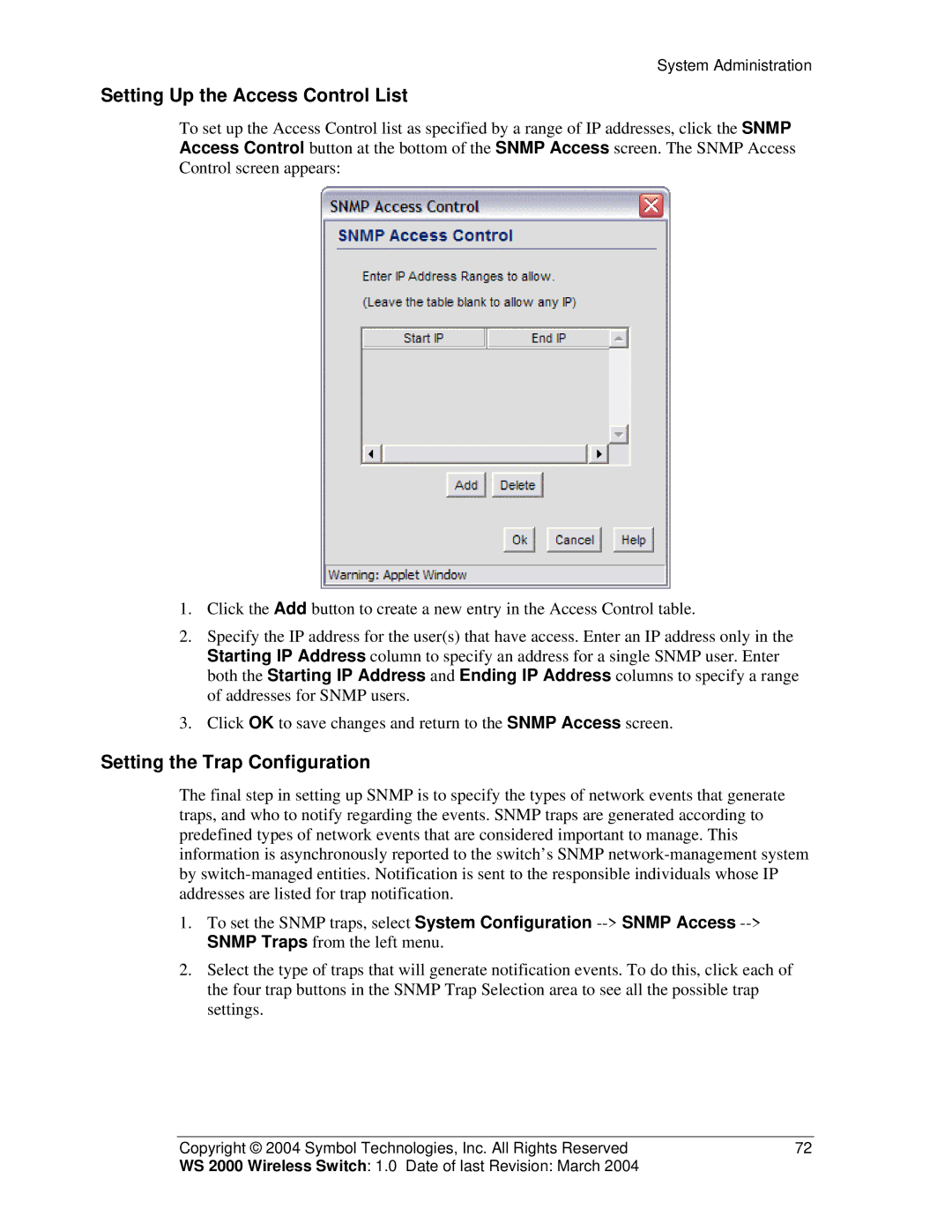 Symbol Technologies WS 2000 manual Setting Up the Access Control List, Setting the Trap Configuration 