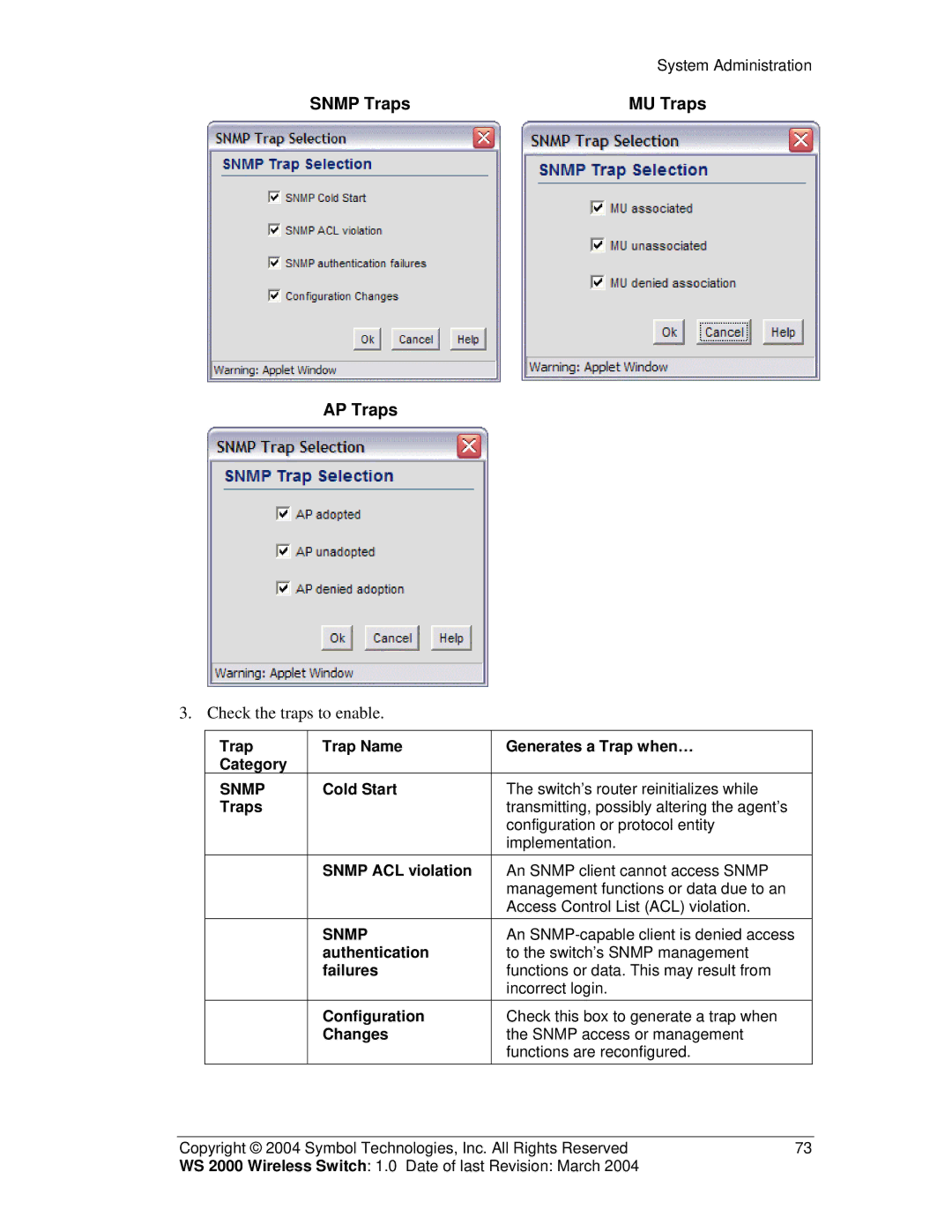 Symbol Technologies WS 2000 Trap Trap Name Generates a Trap when… Category, Cold Start, Traps, Snmp ACL violation, Changes 