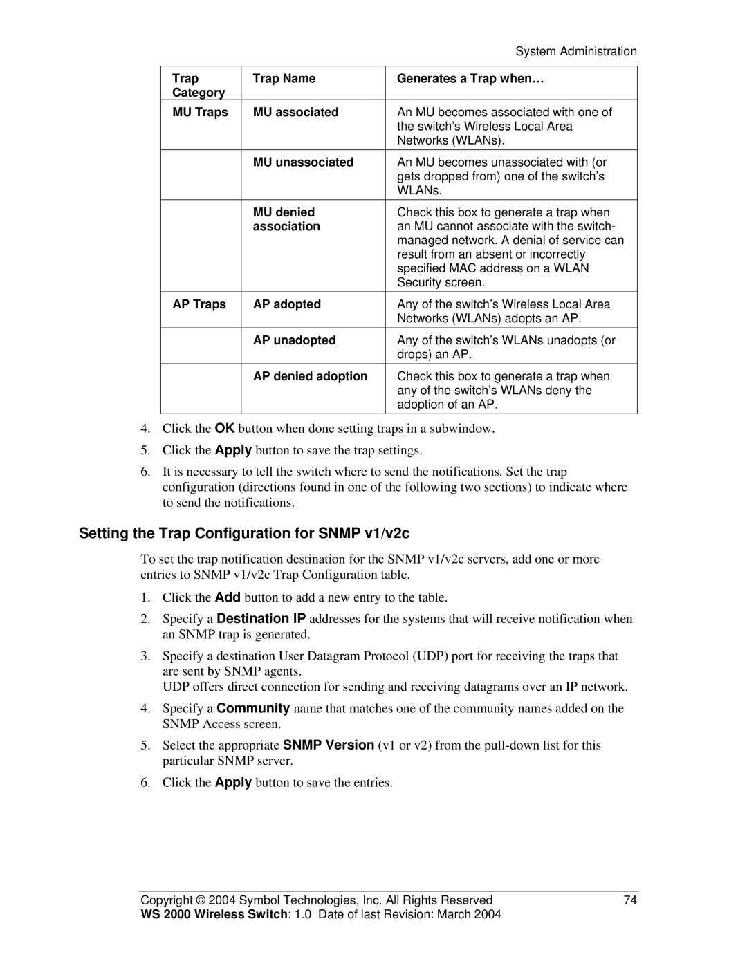 Symbol Technologies WS 2000 manual Setting the Trap Configuration for Snmp v1/v2c 