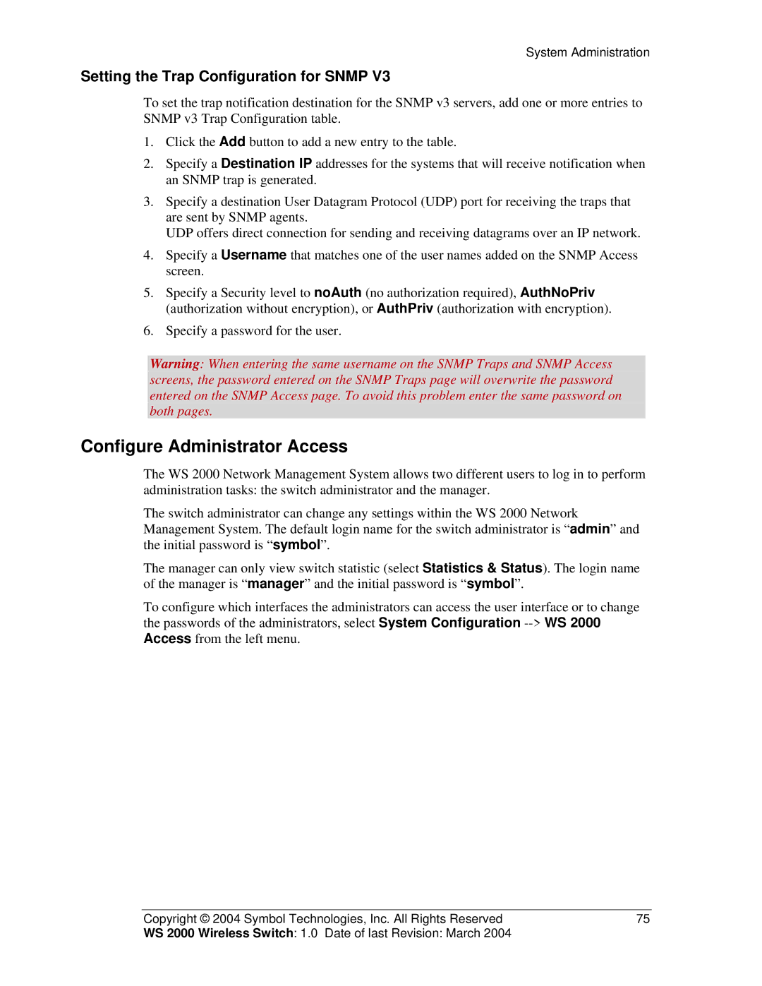 Symbol Technologies WS 2000 manual Configure Administrator Access, Setting the Trap Configuration for Snmp 